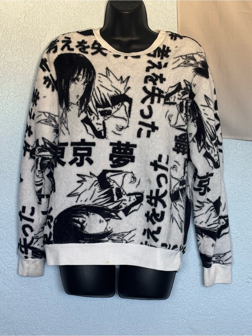 Black & White Graphic Anime Sweater - Men's Crewneck